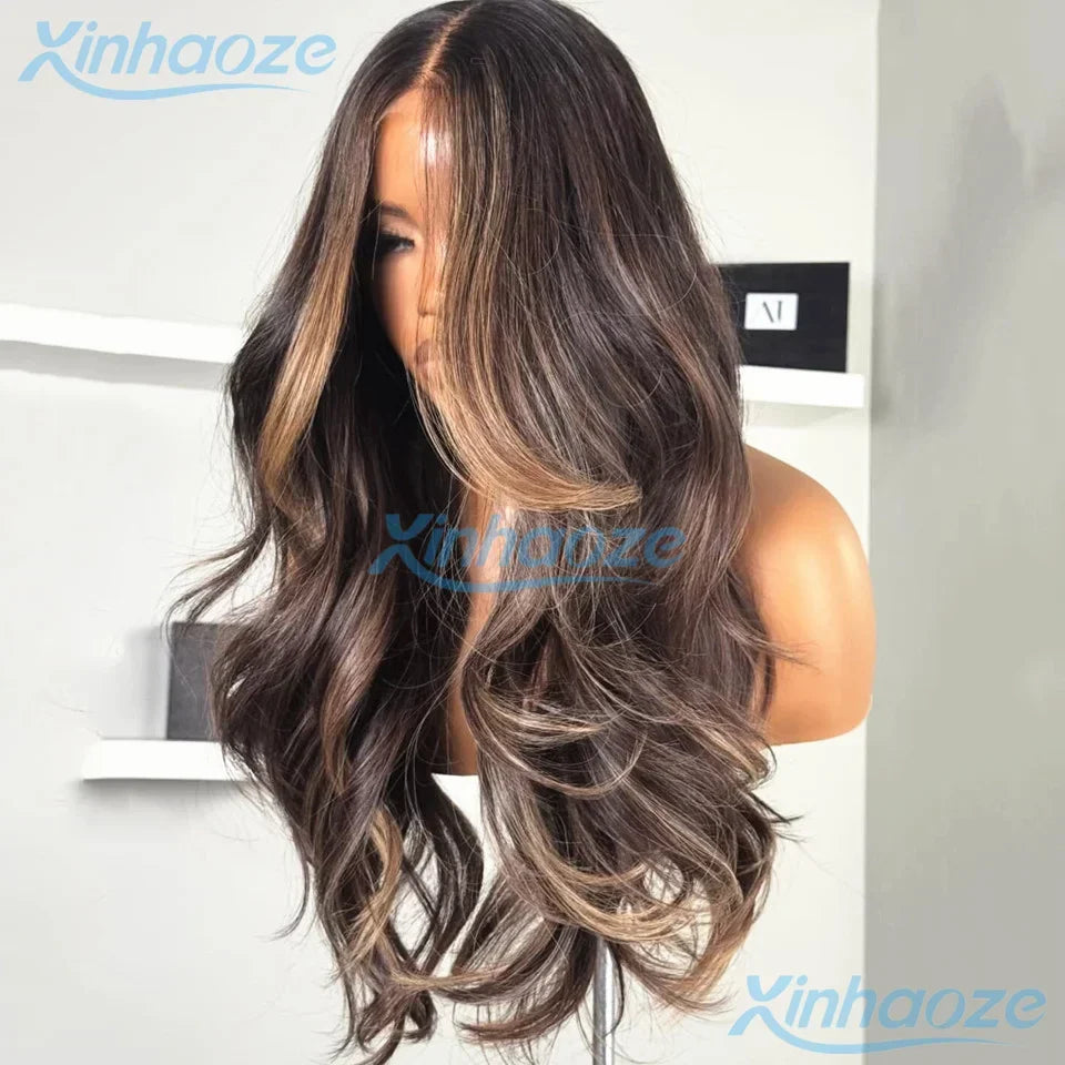 Brown #4/6 Highlight Natural Wavy Glueless 5x5 Silk Top Closure Wigs Human Hair Pre Plucked Remy Brazilian 360/Full Lace Wigs