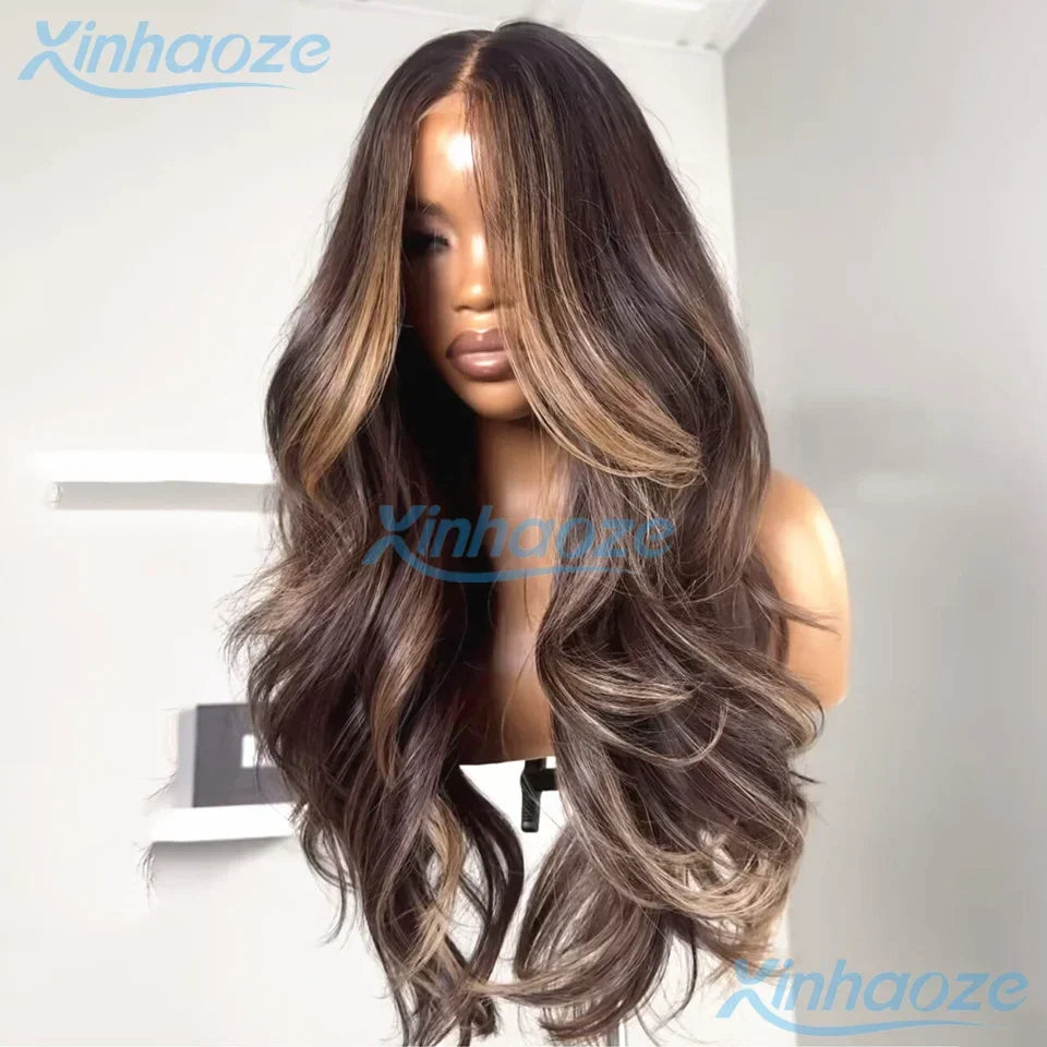 Brown #4/6 Highlight Natural Wavy Glueless 5x5 Silk Top Closure Wigs Human Hair Pre Plucked Remy Brazilian 360/Full Lace Wigs