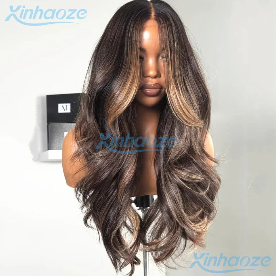 Brown #4/6 Highlight Natural Wavy Glueless 5x5 Silk Top Closure Wigs Human Hair Pre Plucked Remy Brazilian 360/Full Lace Wigs