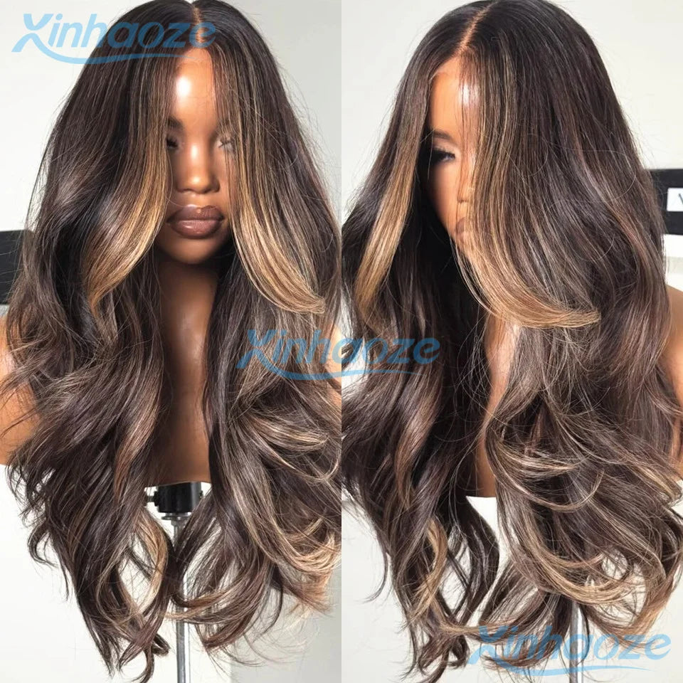Brown #4/6 Highlight Natural Wavy Glueless 5x5 Silk Top Closure Wigs Human Hair Pre Plucked Remy Brazilian 360/Full Lace Wigs