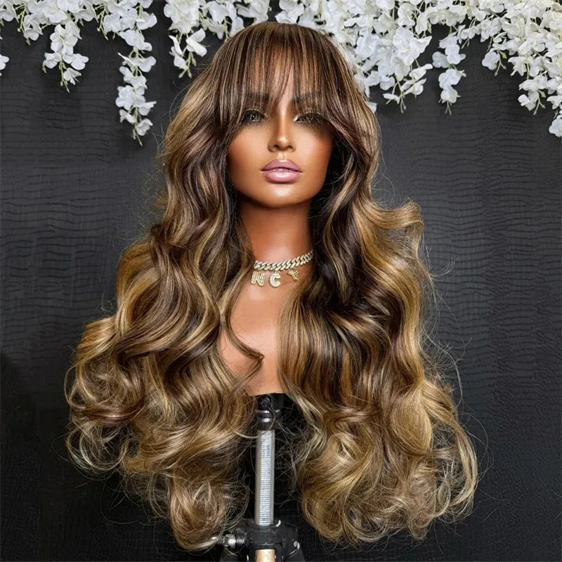 Black Body Wave Lace Front Wig With Bangs 13x4 HD Lace Wig Glueless Synthetic And Blend High Quality Pre Plucked For Women