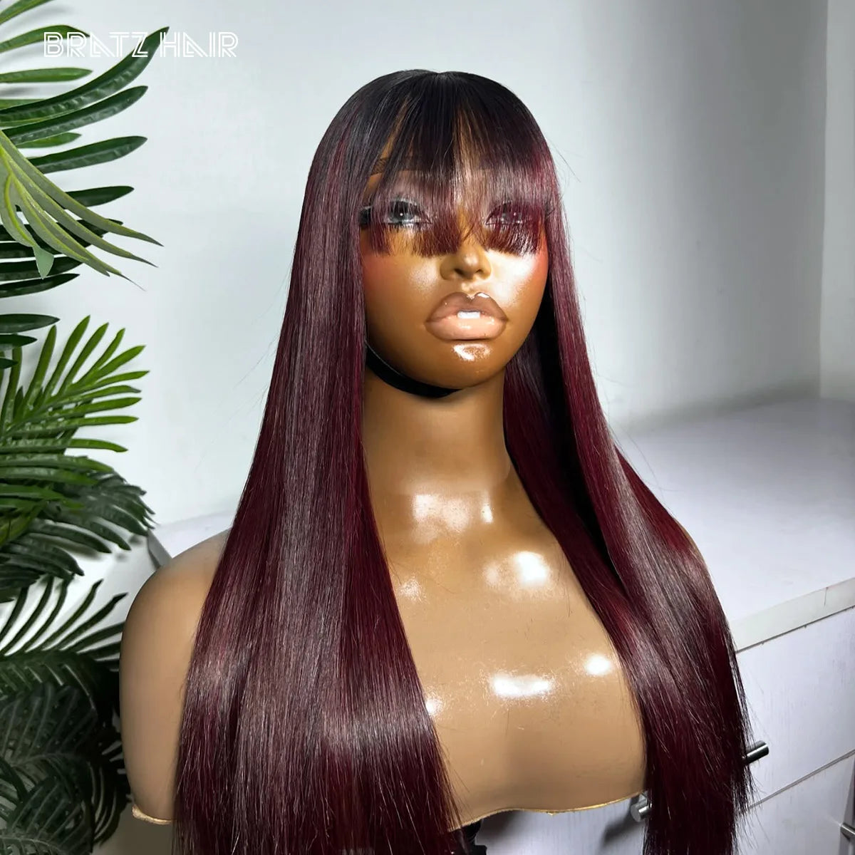 Ombre Dark Burgundy Straight Human Hair Wig with Bangs 13x4 HD Lace Frontal Wigs Pre Plucked 4x4 5x5 Lace Closure Glueless Wigs