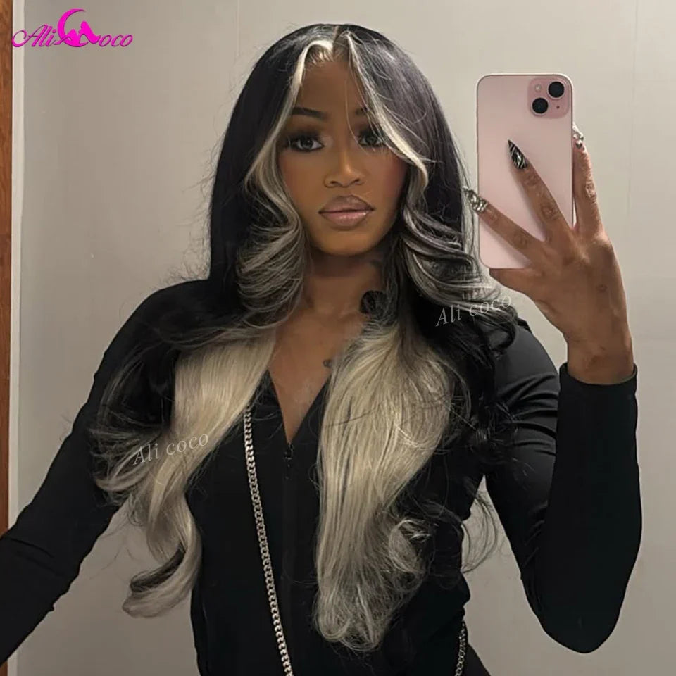 Ombre Natural Black with 613 Inside Colored Transparent Lace Front Human Hair Wig Highlight 613 Colored Pre Plucked Remy Hair