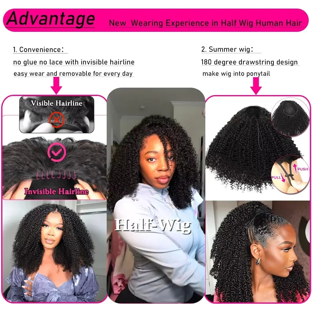 3 IN 1 Half Wig 200% Density Glueless Kinky Curly 100% Human Hair Wigs Invisible Hairline Wear Go With Drawstring Seamless