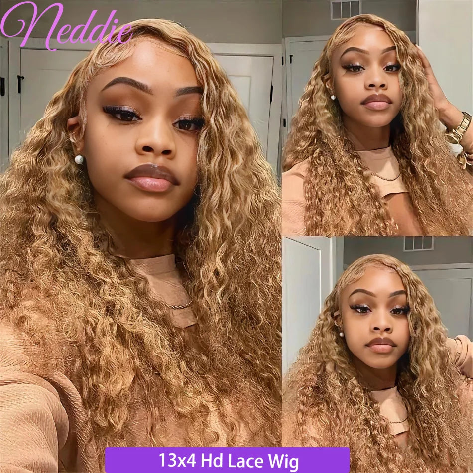 27# Honey Blonde Human Hair Colored Wig 13X4 Lace Front Deep Wave Wigs 13X6 Lace Frontal Curly Wig 30 34 Inch For Black Women