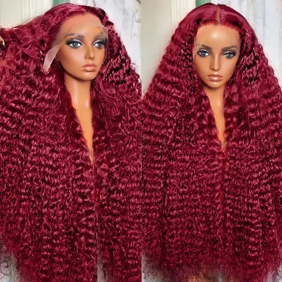 Finros 99J Burgundy 13x6 Hd Deep Wave Lace Frontal Wigs For Women Water Wave 13x4 Transparent Curly Human Hair Wigs Pre Plucked