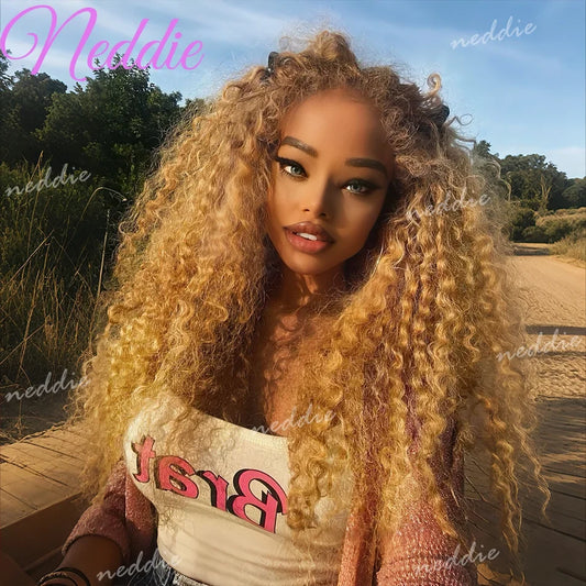 27# Honey Blonde Human Hair Colored Wig 13X4 Lace Front Deep Wave Wigs 13X6 Lace Frontal Curly Wig 30 34 Inch For Black Women