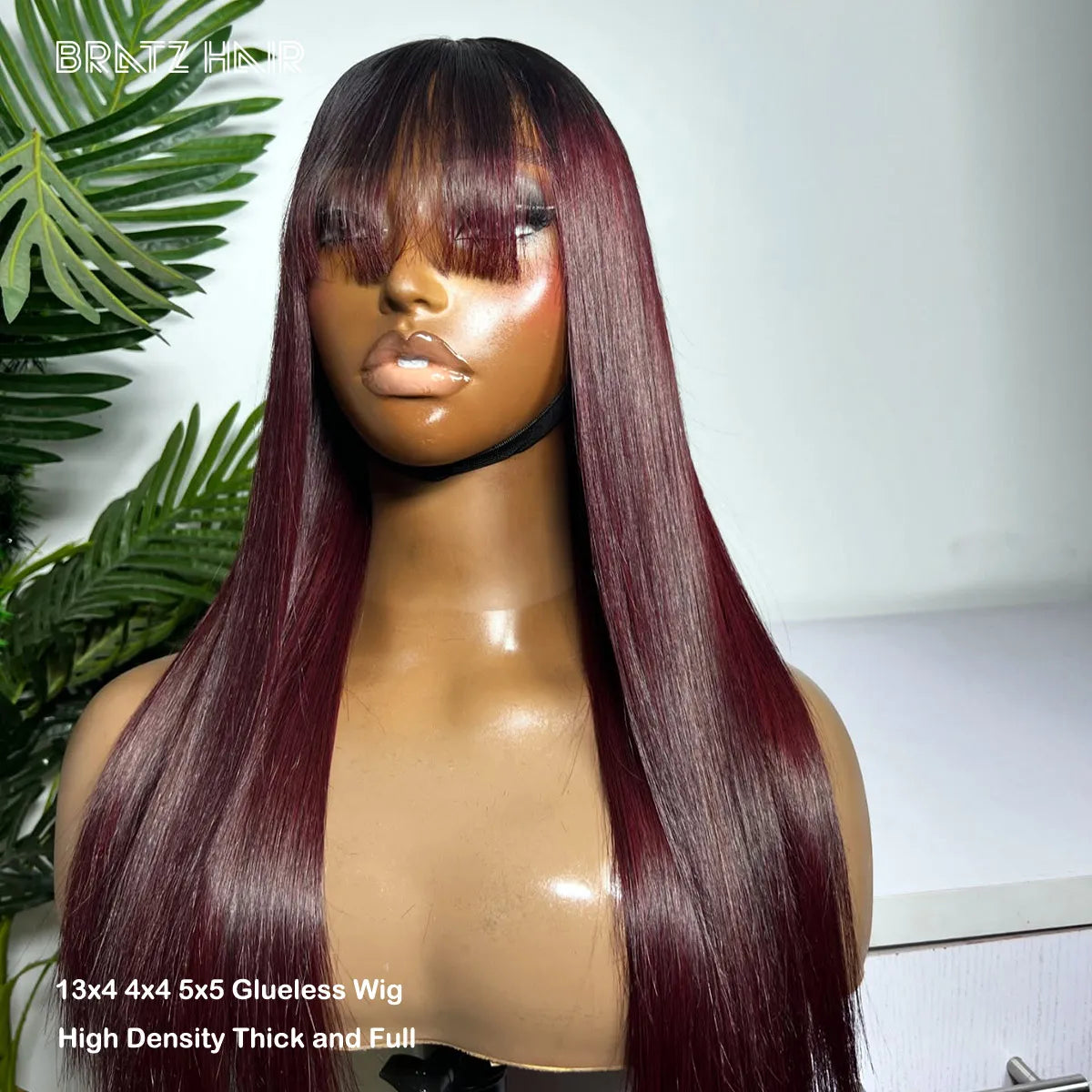 Ombre Dark Burgundy Straight Human Hair Wig with Bangs 13x4 HD Lace Frontal Wigs Pre Plucked 4x4 5x5 Lace Closure Glueless Wigs