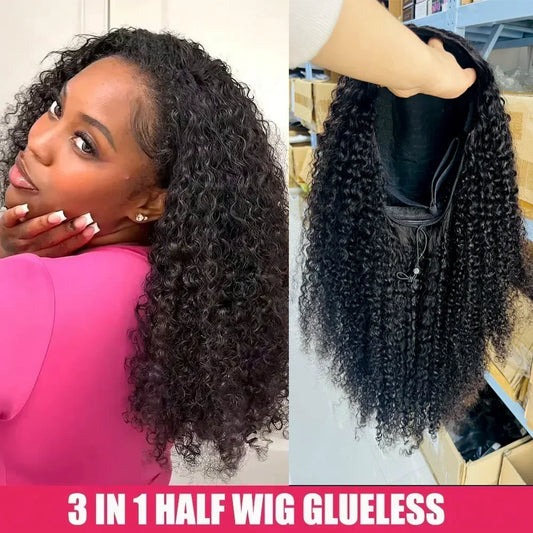 3 IN 1 Half Wig 200% Density Glueless Kinky Curly 100% Human Hair Wigs Invisible Hairline Wear Go With Drawstring Seamless
