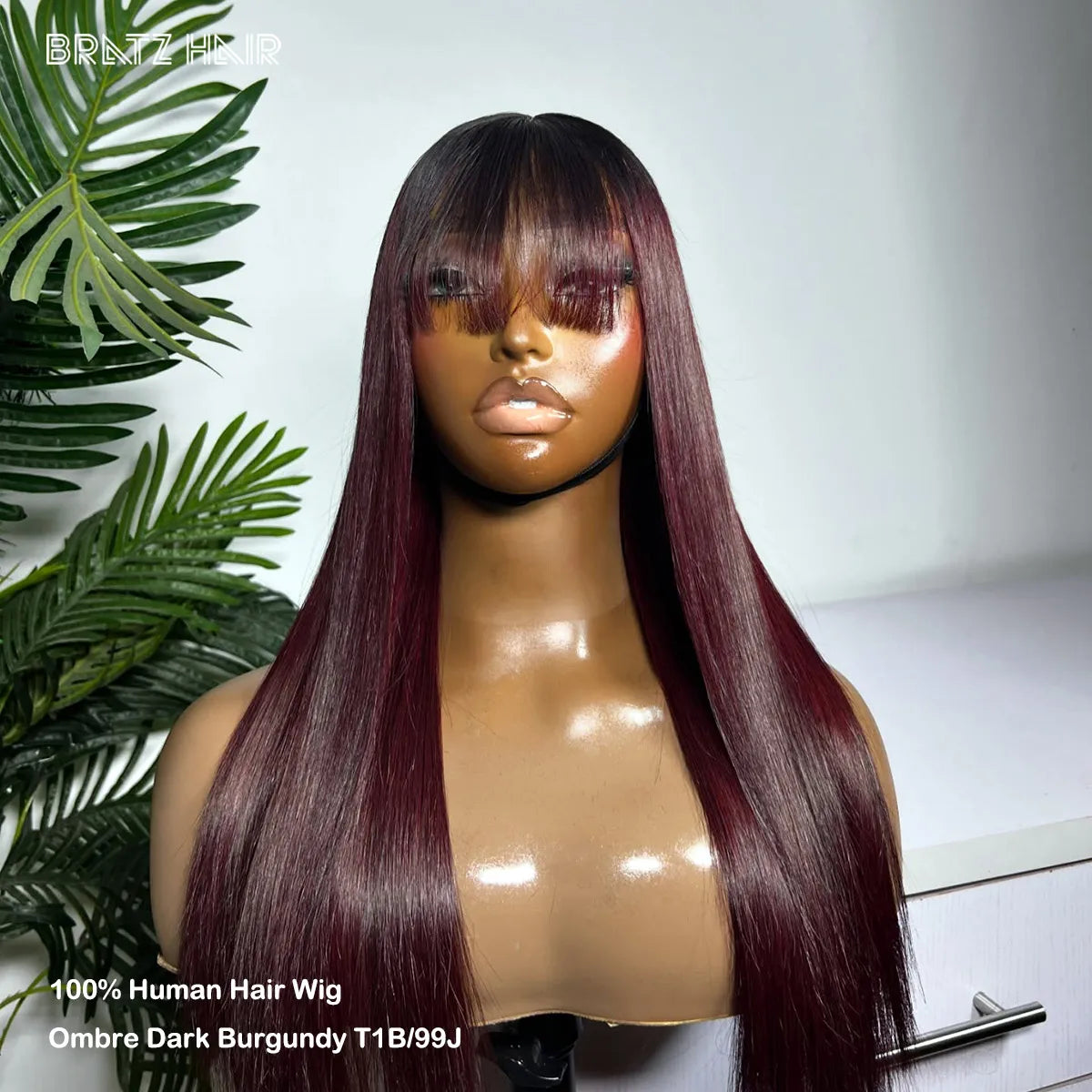 Ombre Dark Burgundy Straight Human Hair Wig with Bangs 13x4 HD Lace Frontal Wigs Pre Plucked 4x4 5x5 Lace Closure Glueless Wigs