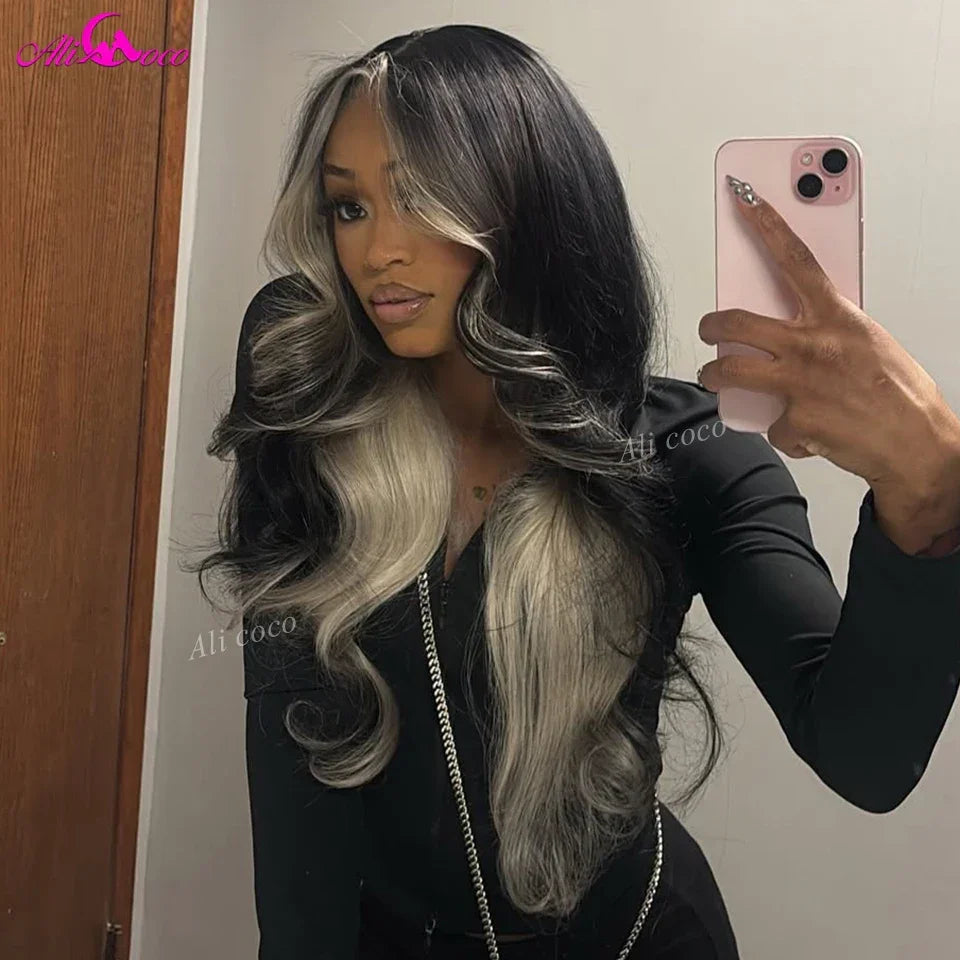 Ombre Natural Black with 613 Inside Colored Transparent Lace Front Human Hair Wig Highlight 613 Colored Pre Plucked Remy Hair
