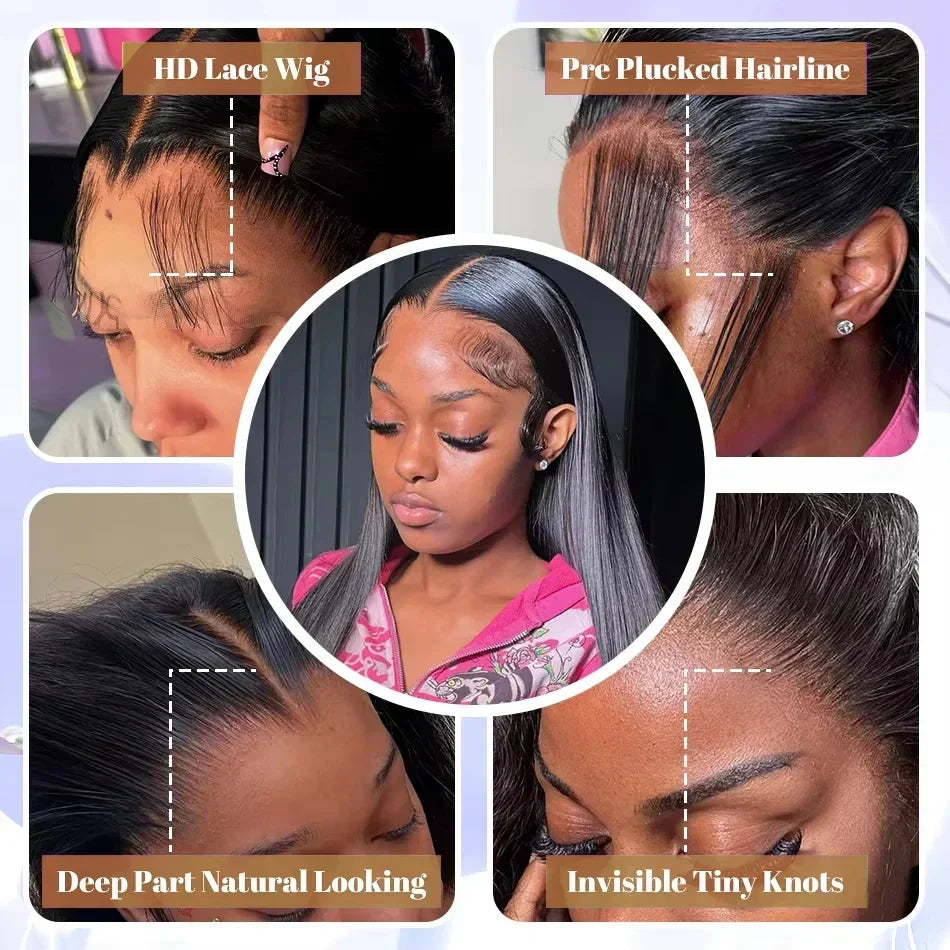 13x4 Brazilian Human Hair Wear and Go 200 Density Straight 13x6 Hd Lace Frontal Wigs Natural Black Pre Plucked with Baby Hair