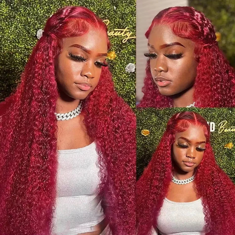 Finros 99J Burgundy 13x6 Hd Deep Wave Lace Frontal Wigs For Women Water Wave 13x4 Transparent Curly Human Hair Wigs Pre Plucked