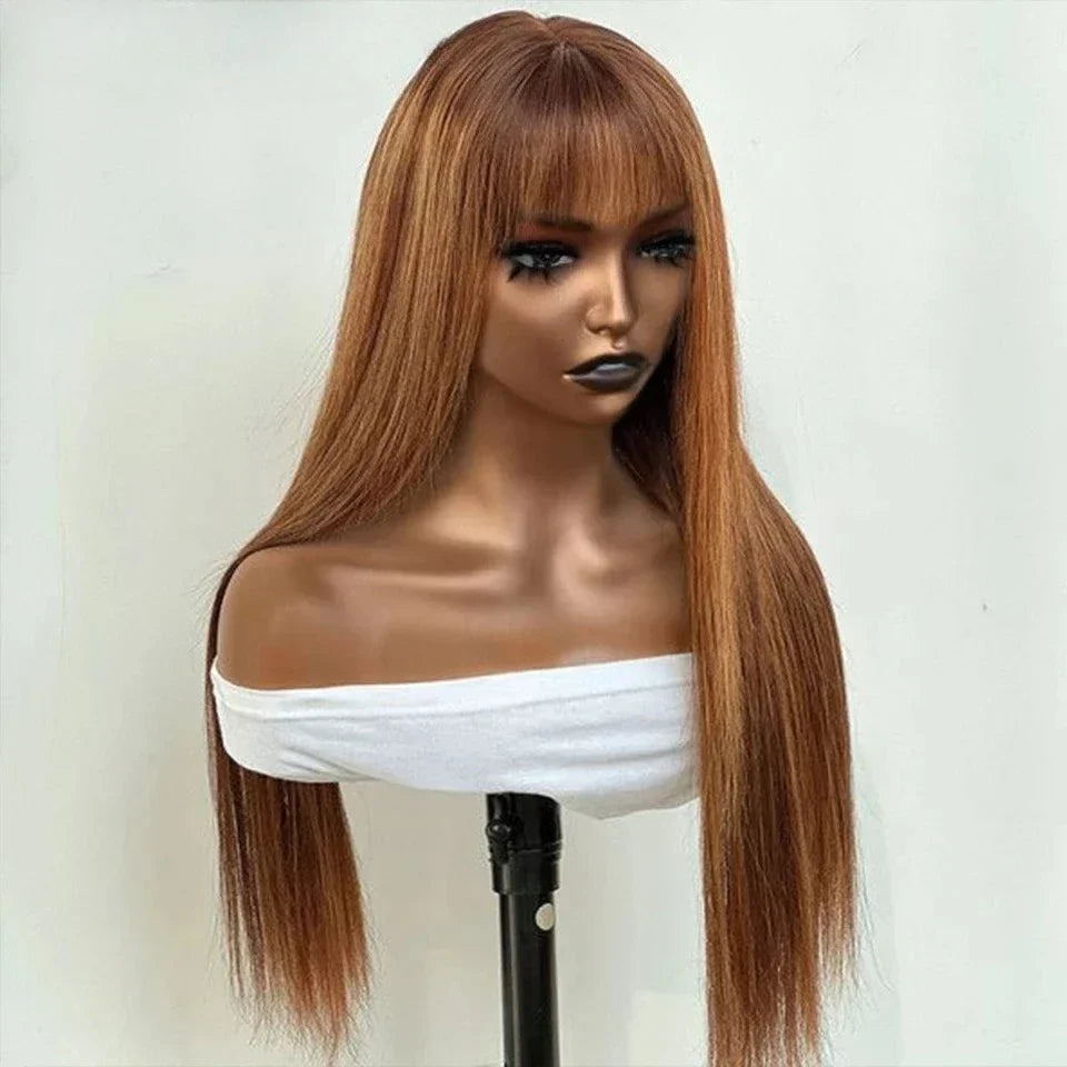 Highlight P4/30/27 100% Human Hair Wigs Straight With Bangs Fringe Malaysia Straight Human Hair Wigs Full Machine Made Wigs