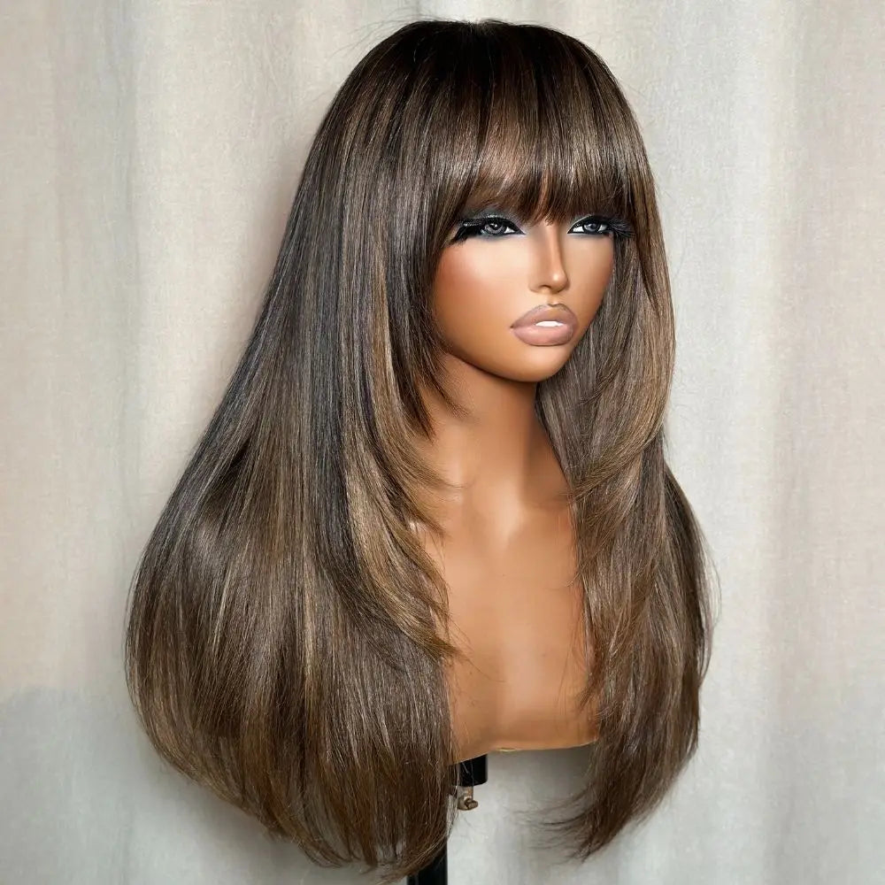 Brown Mix Blonde Highlight With Bang HD Lace Human Hair Wig Clearance Glueless Light Brown with Blond Highlights 22 Inch Wigs