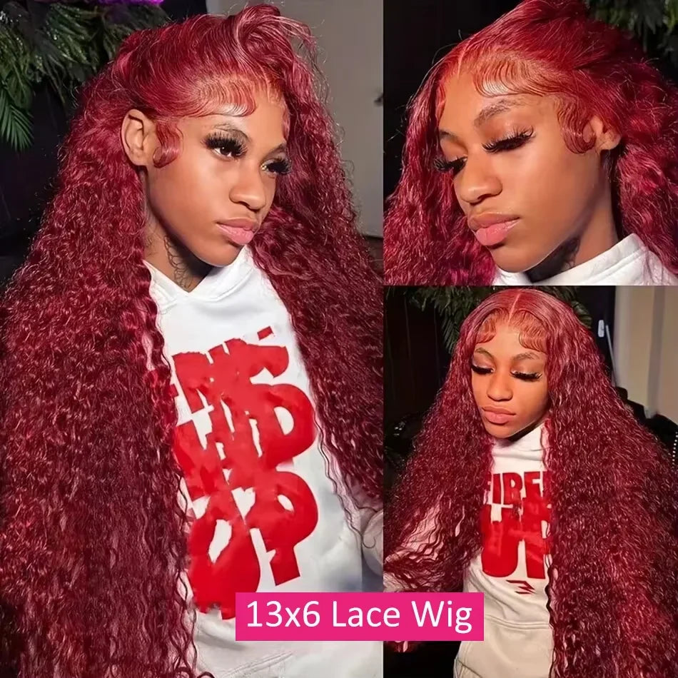 Finros 99J Burgundy 13x6 Hd Deep Wave Lace Frontal Wigs For Women Water Wave 13x4 Transparent Curly Human Hair Wigs Pre Plucked