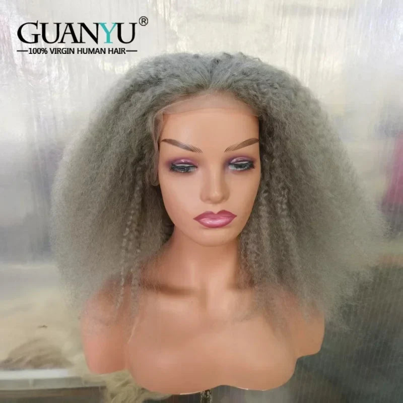 Gray Afro kinky curly Lace Front Wig Human Hair Silver Grey Wigs for Women 13X4 Glueless Lace Frontal Closure Wig Pre Plucked