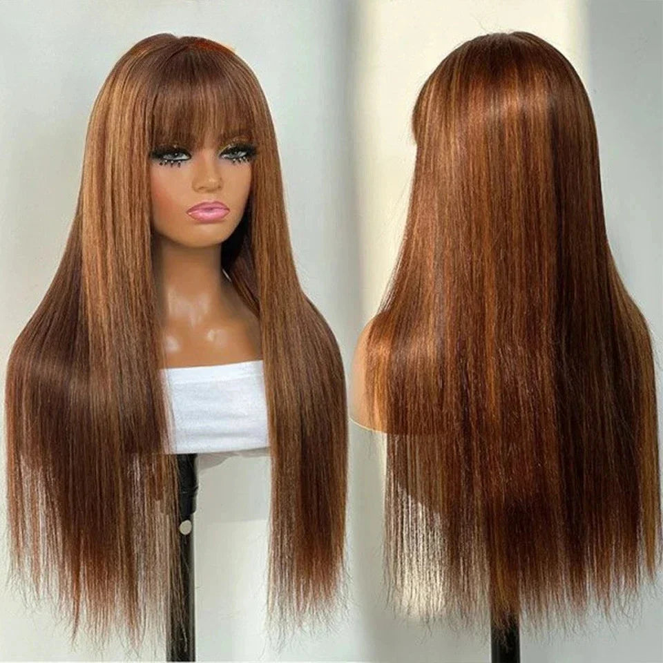 Highlight P4/30/27 100% Human Hair Wigs Straight With Bangs Fringe Brazilian Straight Human Hair Wigs Full Machine Made Wigs