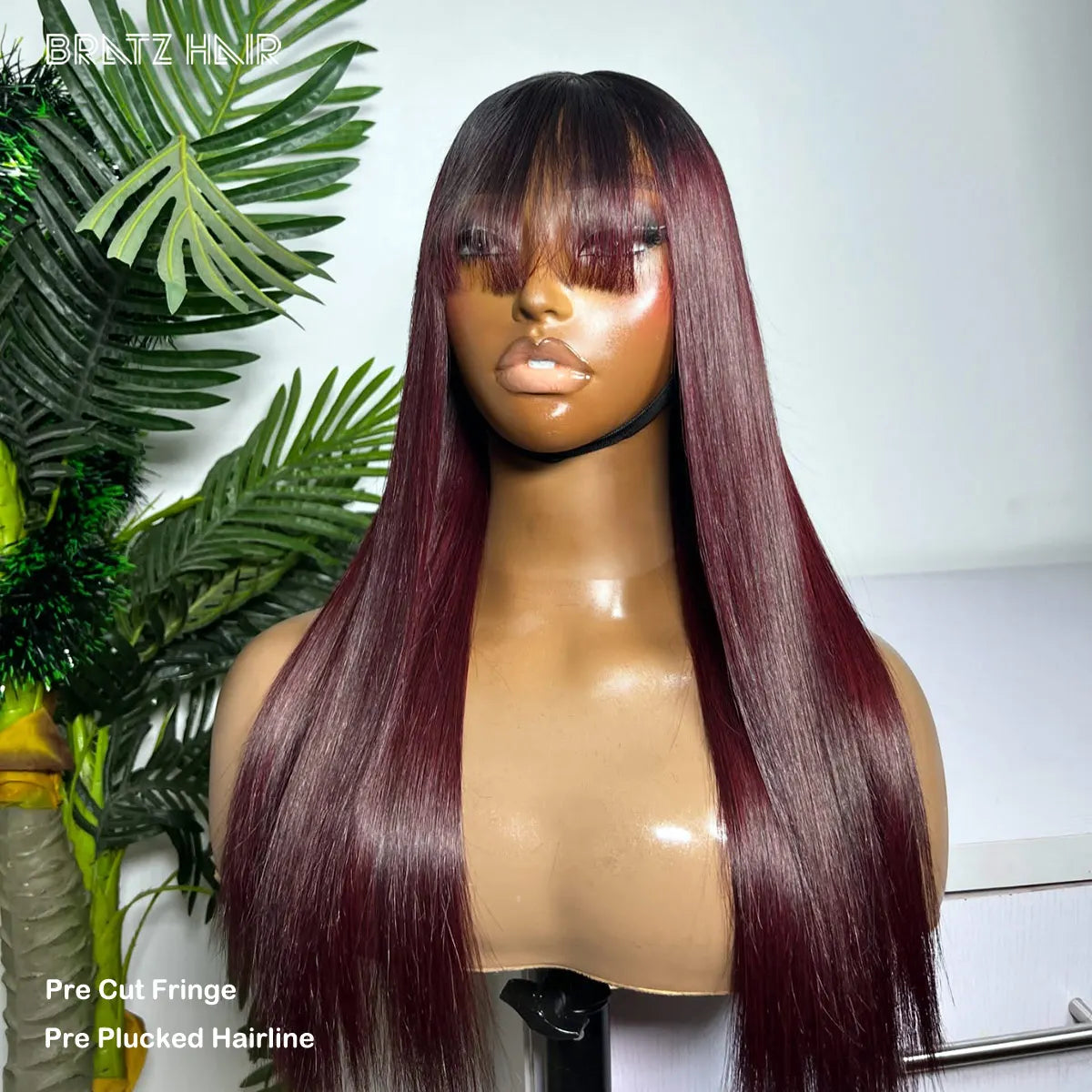 Ombre Dark Burgundy Straight Human Hair Wig with Bangs 13x4 HD Lace Frontal Wigs Pre Plucked 4x4 5x5 Lace Closure Glueless Wigs
