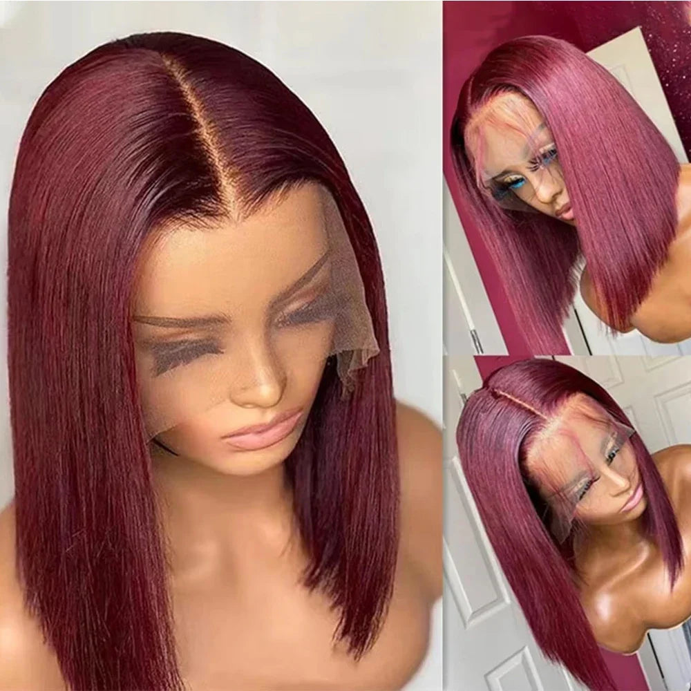 16A 100% Human Hair 99j Super Double Drawn Bone Straight Bob Wigs Human Hair Burgundy 5x5 2x6 Glueless HD Lace Wigs For Women