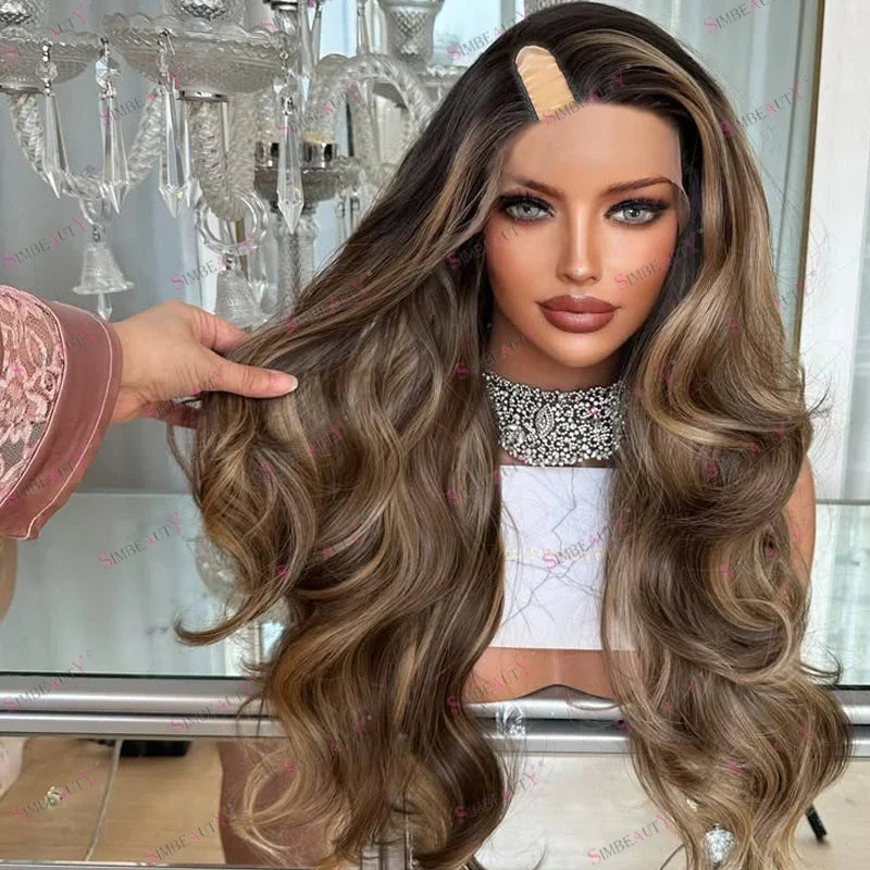 100% Human Hair Bayalage Highlight Brown Blonde Long Natural Glueless 1x4 Size Middle U Part Wigs for Black Women Easy Wear