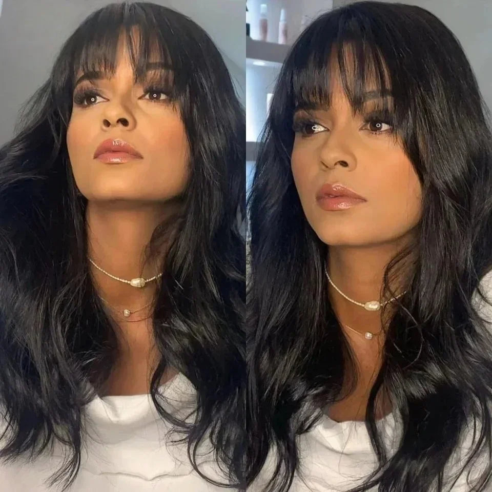 Black Body Wave Lace Front Wig With Bangs 13x4 HD Lace Wig Glueless Synthetic And Blend High Quality Pre Plucked For Women