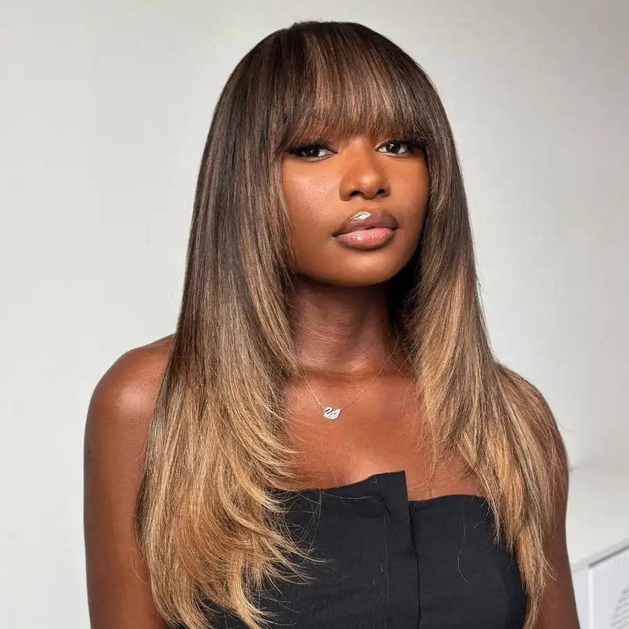 Brown Mix Blonde Highlight With Bang HD Lace Human Hair Wig Clearance Glueless Light Brown with Blond Highlights 22 Inch Wigs