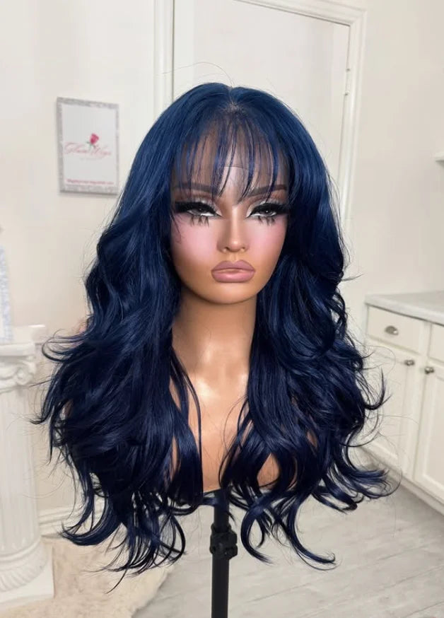 Black Body Wave Lace Front Wig With Bangs 13x4 HD Lace Wig Glueless Synthetic And Blend High Quality Pre Plucked For Women