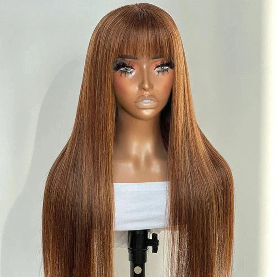Highlight P4/30/27 100% Human Hair Wigs Straight With Bangs Fringe Malaysia Straight Human Hair Wigs Full Machine Made Wigs