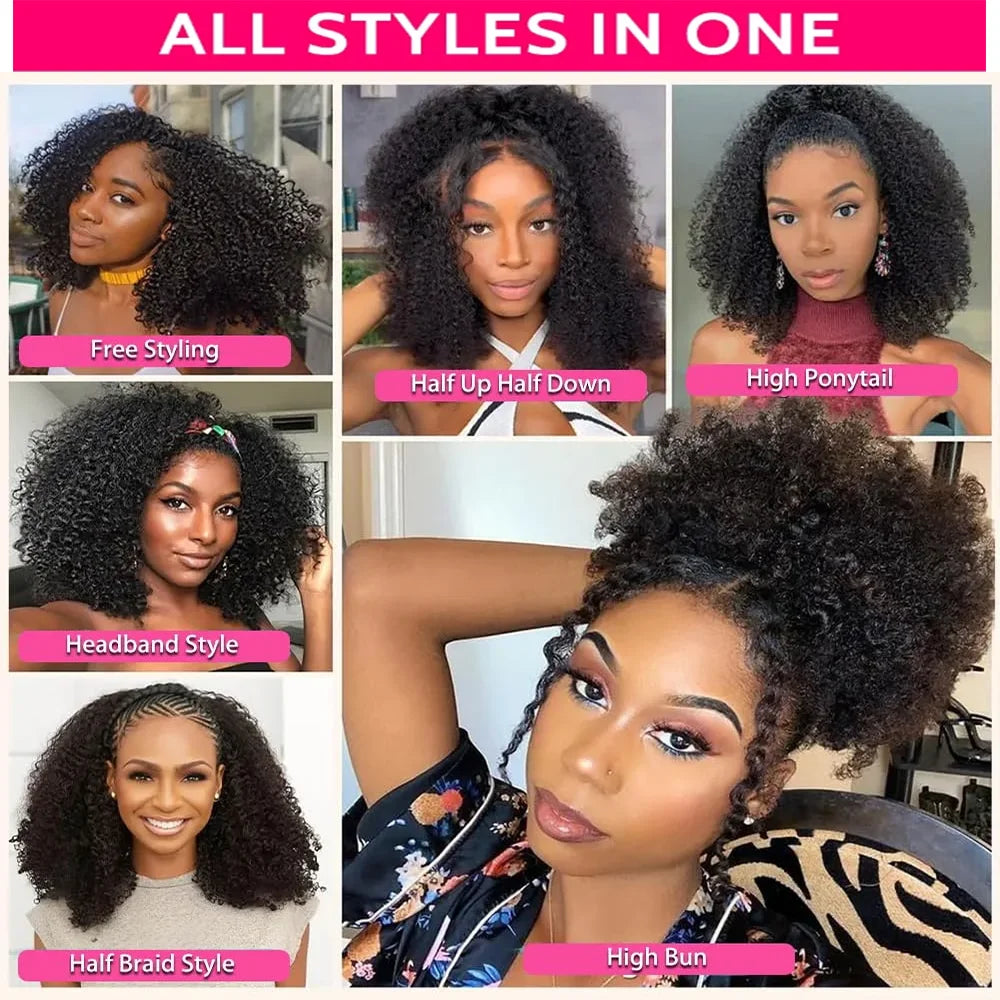 3 IN 1 Half Wig 200% Density Glueless Kinky Curly 100% Human Hair Wigs Invisible Hairline Wear Go With Drawstring Seamless