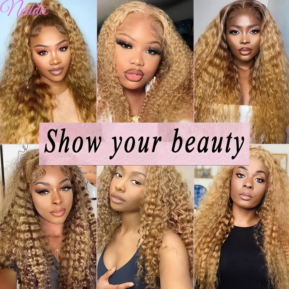 27# Honey Blonde Human Hair Colored Wig 13X4 Lace Front Deep Wave Wigs 13X6 Lace Frontal Curly Wig 30 34 Inch For Black Women