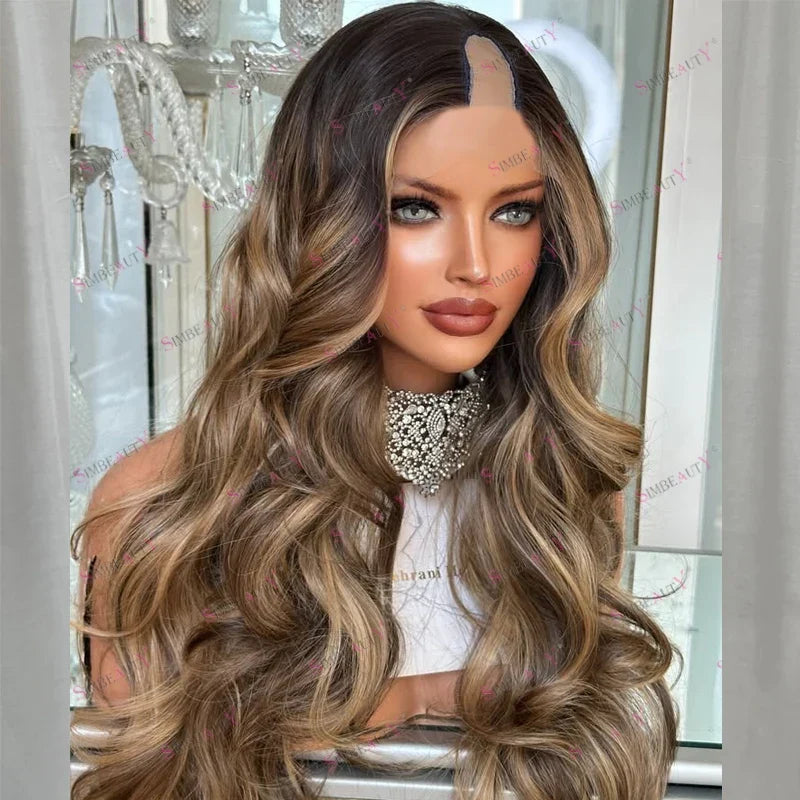 100% Human Hair Bayalage Highlight Brown Blonde Long Natural Glueless 1x4 Size Middle U Part Wigs for Black Women Easy Wear