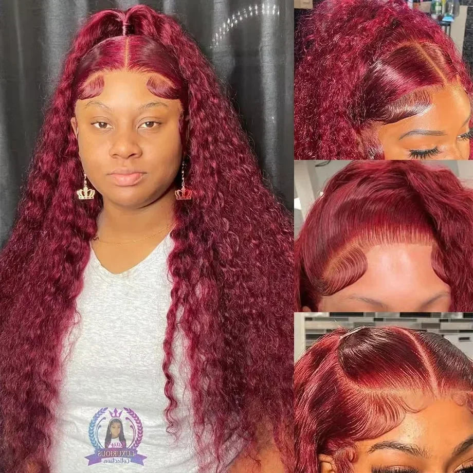 Finros 99J Burgundy 13x6 Hd Deep Wave Lace Frontal Wigs For Women Water Wave 13x4 Transparent Curly Human Hair Wigs Pre Plucked