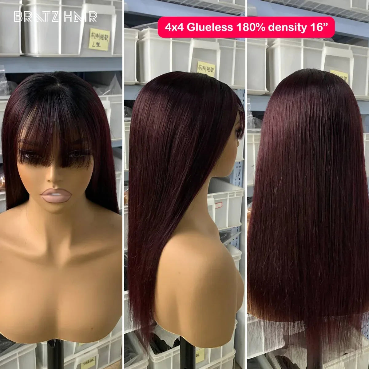 Ombre Dark Burgundy Straight Human Hair Wig with Bangs 13x4 HD Lace Frontal Wigs Pre Plucked 4x4 5x5 Lace Closure Glueless Wigs