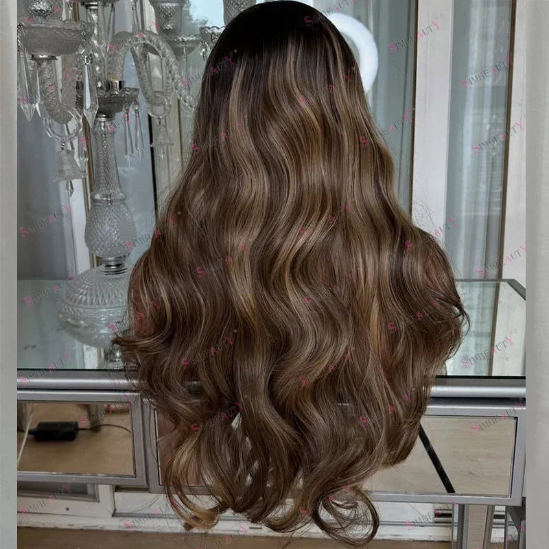100% Human Hair Bayalage Highlight Brown Blonde Long Natural Glueless 1x4 Size Middle U Part Wigs for Black Women Easy Wear