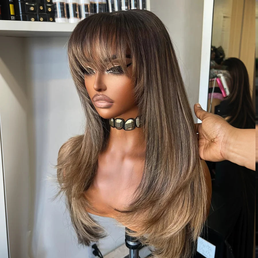 Brown Mix Blonde Highlight With Bang HD Lace Human Hair Wig Clearance Glueless Light Brown with Blond Highlights 22 Inch Wigs