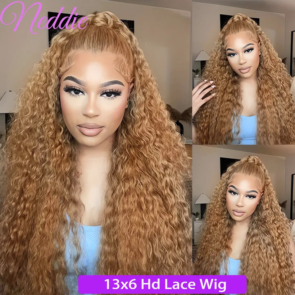 27# Honey Blonde Human Hair Colored Wig 13X4 Lace Front Deep Wave Wigs 13X6 Lace Frontal Curly Wig 30 34 Inch For Black Women