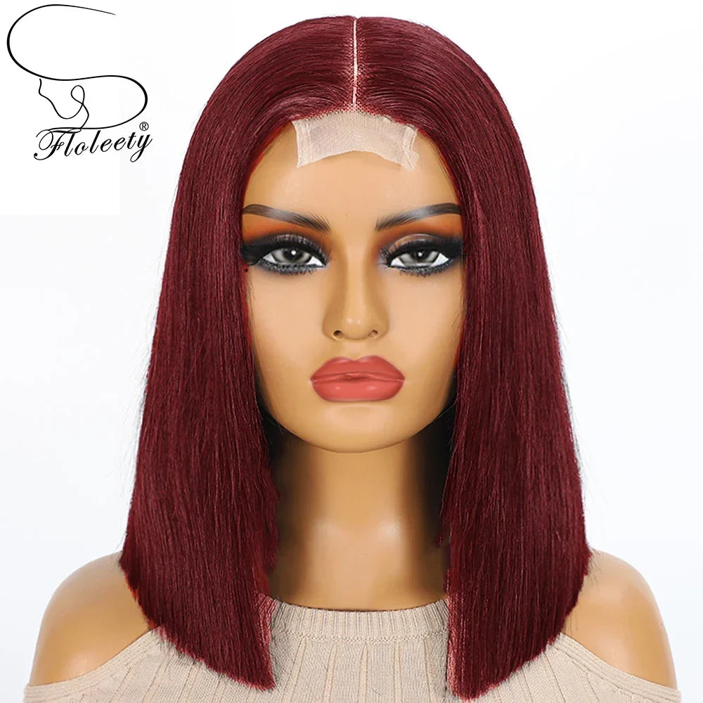 16A 100% Human Hair 99j Super Double Drawn Bone Straight Bob Wigs Human Hair Burgundy 5x5 2x6 Glueless HD Lace Wigs For Women