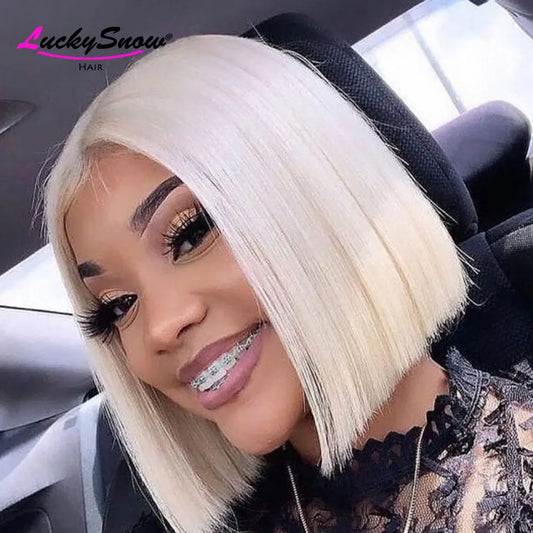 Colored 100% Human Hair Wig White Straight Short Bob 180 Density Transparent 13*4 Frontal Lace Wigs Cosplay For Women HD Wigs